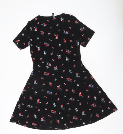 H&M Divided Women’s Black Floral A-Line Short Sleeve Dress Size 10