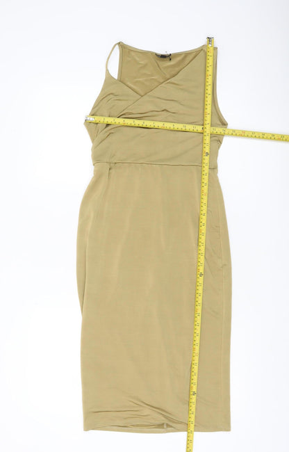 Topshop Petite Women’s Beige Bodycon Midi Dress Size 8 Sleeveless V-Neck