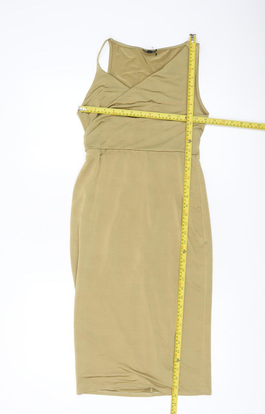 Topshop Petite Women’s Beige Bodycon Midi Dress Size 8 Sleeveless V-Neck