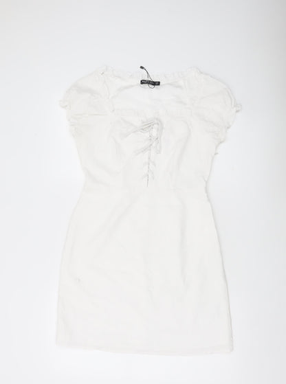Nasty Gal Women White Size 10 Mini Puff Sleeve Cotton Summer Dress
