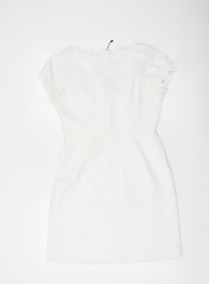 Nasty Gal Women White Size 10 Mini Puff Sleeve Cotton Summer Dress