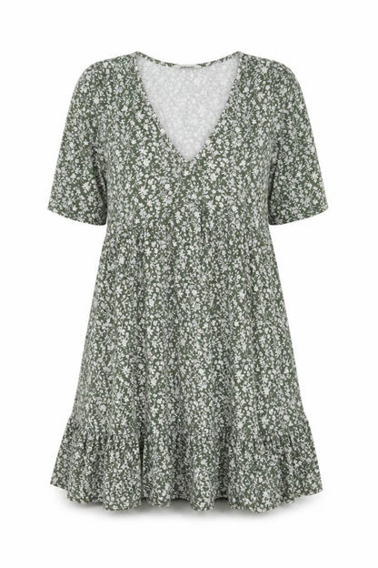 Front view of Miss Selfridge Women’s Green Floral V-Neck Wrap Dress, size UK 10