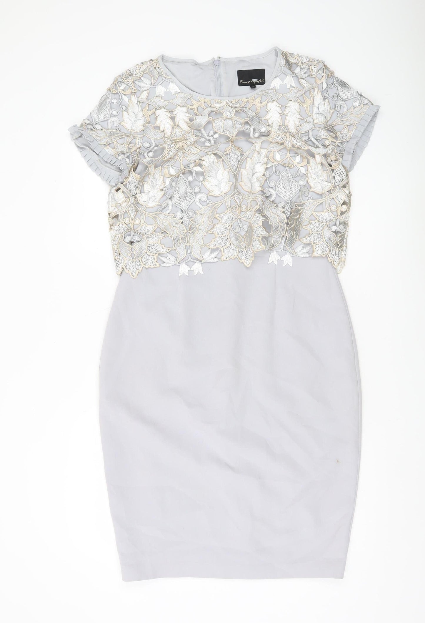 Phase Eight Women Grey Size 12 Sheath Embroidered Lace Dress