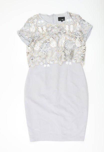 Phase Eight Women Grey Size 12 Sheath Embroidered Lace Dress