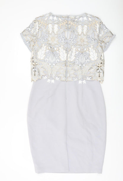 Phase Eight Women Grey Size 12 Sheath Embroidered Lace Dress