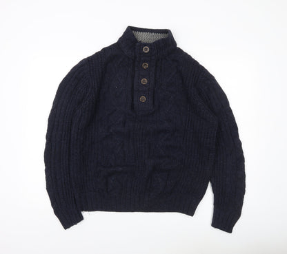 Next Mens Blue L Cable Knit Henley Jumper Mock Neck Casual Luxury