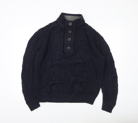 Next Mens Blue L Cable Knit Henley Jumper Mock Neck Casual Luxury