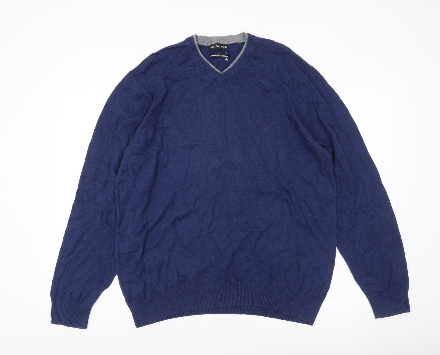Marks and Spencer Men’s Blue XL V-Neck Cotton Cashmere Jumper
