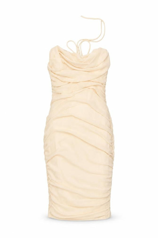 Oh Polly Women’s Beige Size 8 Bodycon Ruched Halter Mini Dress