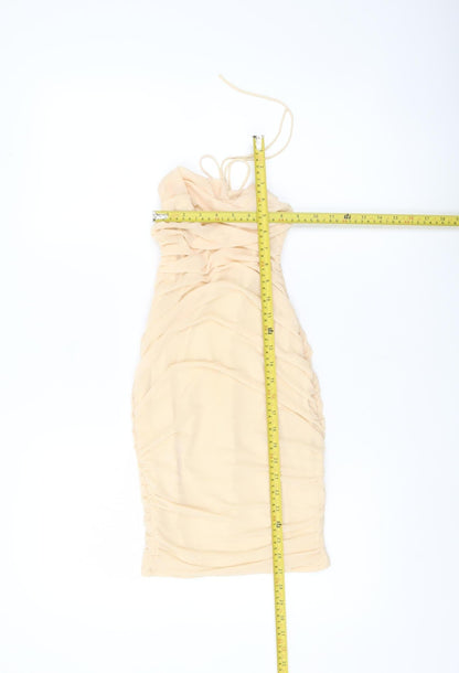 Oh Polly Women’s Beige Size 8 Bodycon Ruched Halter Mini Dress