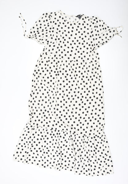 New Look Women White Polka Dot Midi Shift Dress UK 8 Puff Sleeve