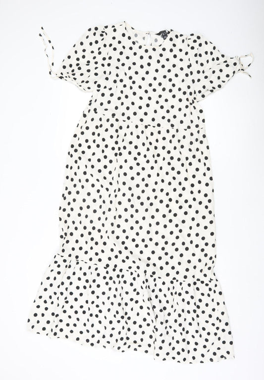 New Look Women White Polka Dot Midi Shift Dress UK 8 Puff Sleeve