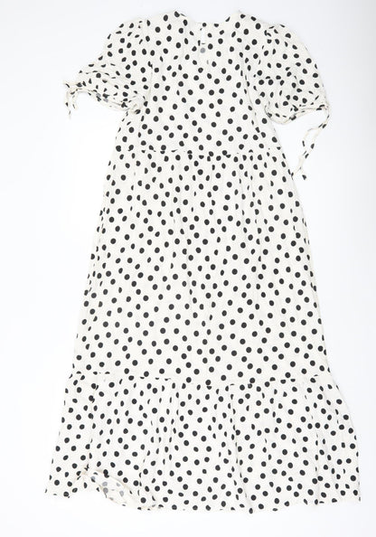 New Look Women White Polka Dot Midi Shift Dress UK 8 Puff Sleeve