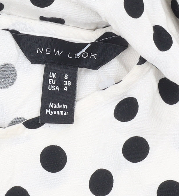 New Look Women White Polka Dot Midi Shift Dress UK 8 Puff Sleeve