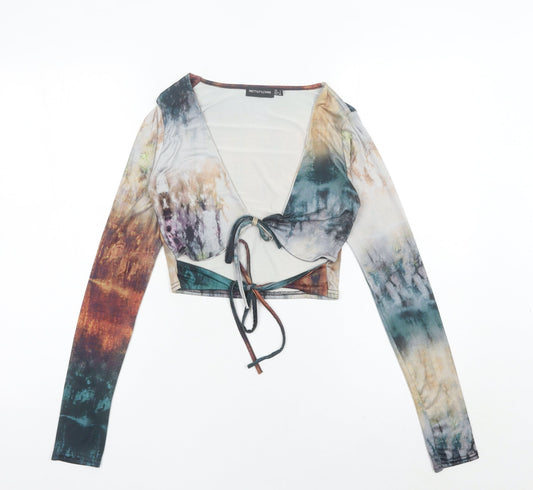 PrettyLittleThing Women’s Multicolour Mesh Cropped Blouse UK 8 Long Sleeve