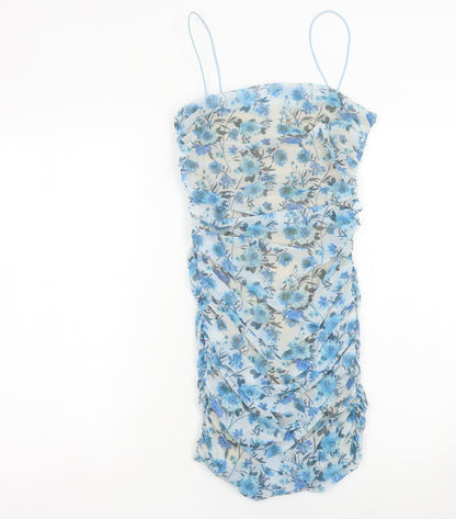Oh Polly Women’s Blue Floral Ruched Bodycon Mini Dress Size 10