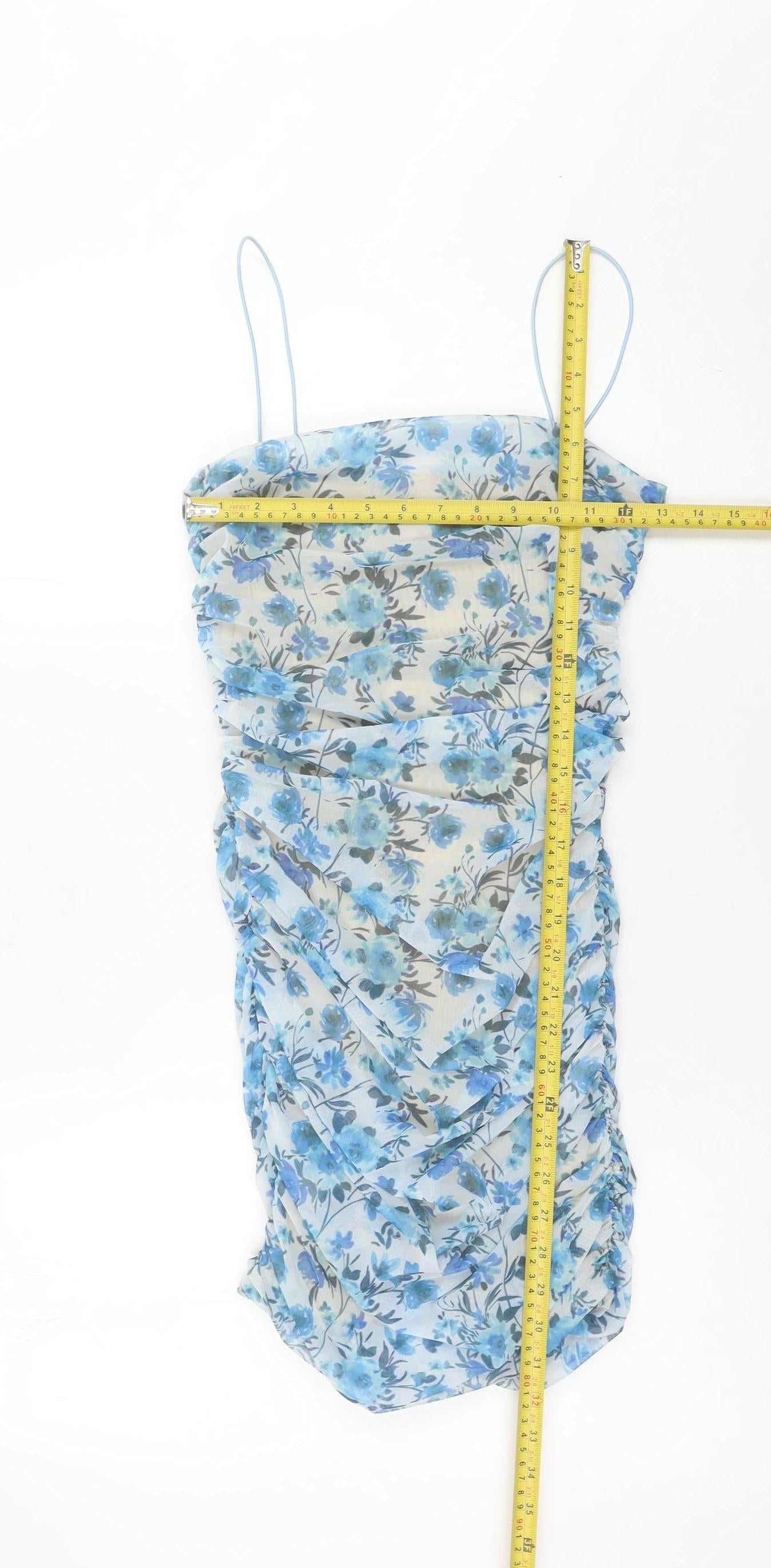Oh Polly Women’s Blue Floral Ruched Bodycon Mini Dress Size 10