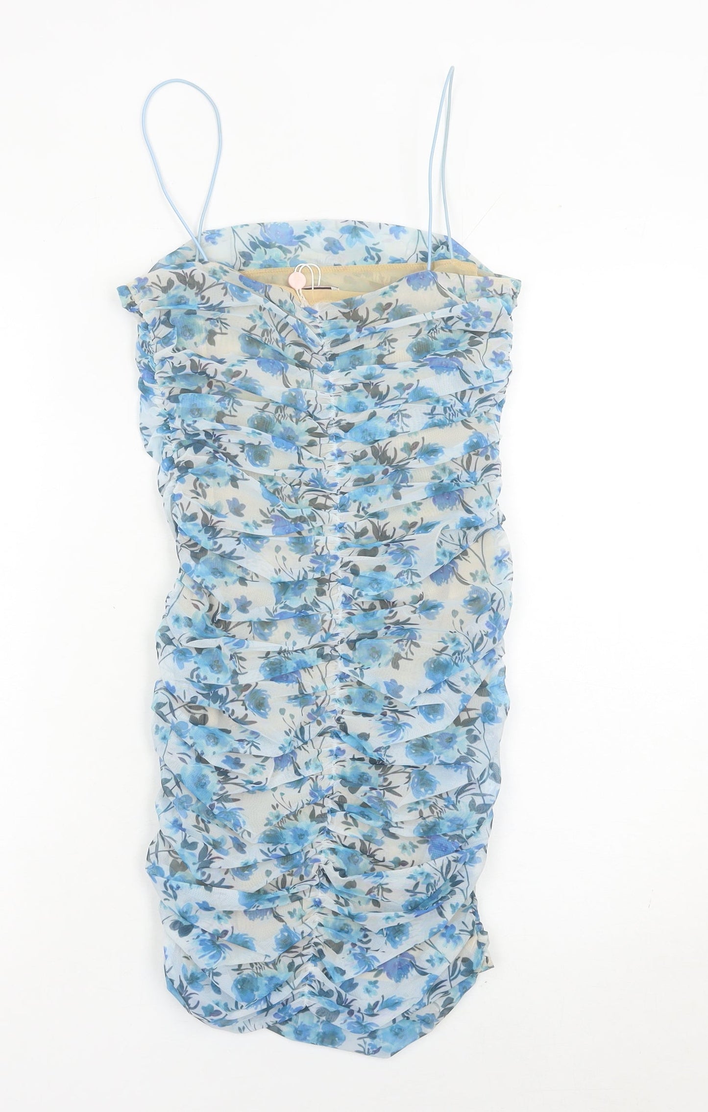 Oh Polly Women’s Blue Floral Ruched Bodycon Mini Dress Size 10
