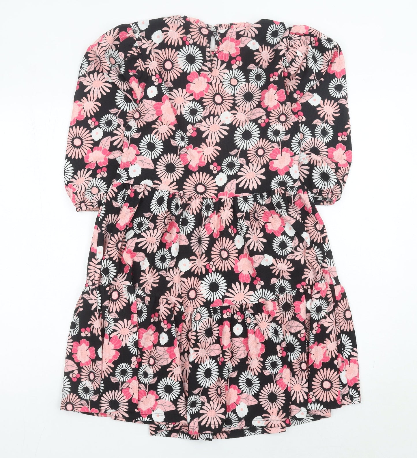 Next Girls Black Pink Floral Skater Dress 12 Years Puff Sleeve Knee Length