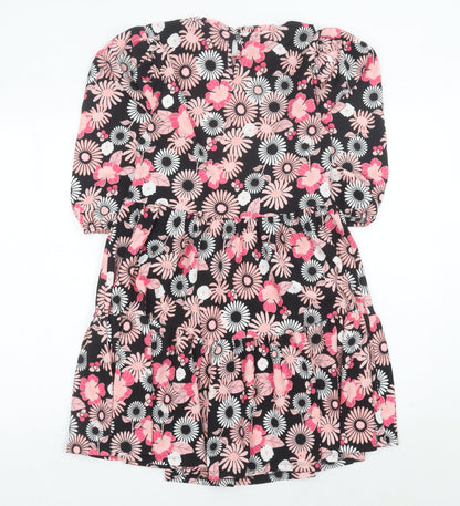 Next Girls Black Pink Floral Skater Dress 12 Years Puff Sleeve Knee Length