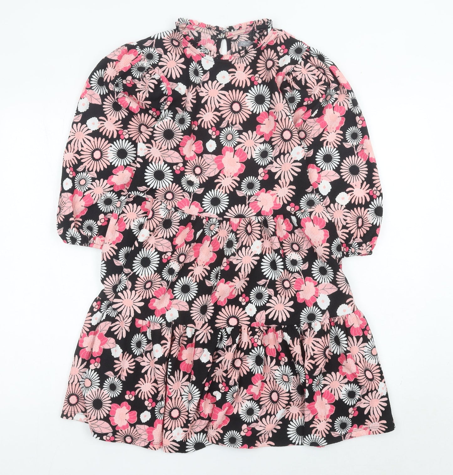 Next Girls Black Pink Floral Skater Dress 12 Years Puff Sleeve Knee Length