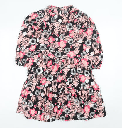 Next Girls Black Pink Floral Skater Dress 12 Years Puff Sleeve Knee Length