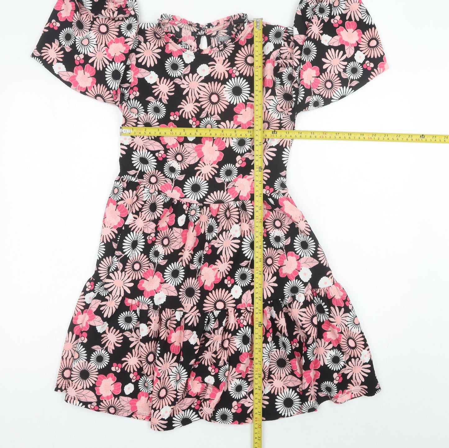 Next Girls Black Pink Floral Skater Dress 12 Years Puff Sleeve Knee Length