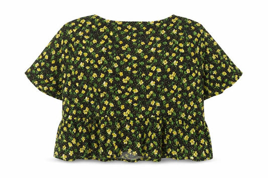 Front view of ASOS Women’s Black Floral Viscose Cropped Blouse, size UK 18