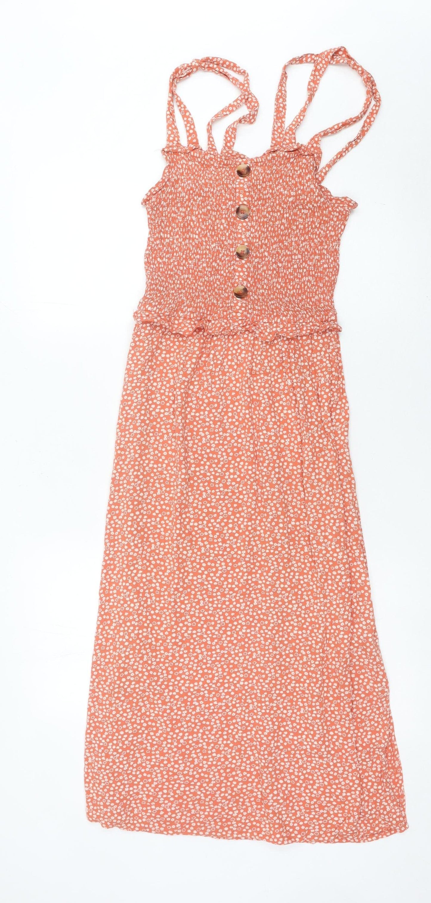 Next Women Orange Floral Midi Sundress Size 8 Strappy Summer