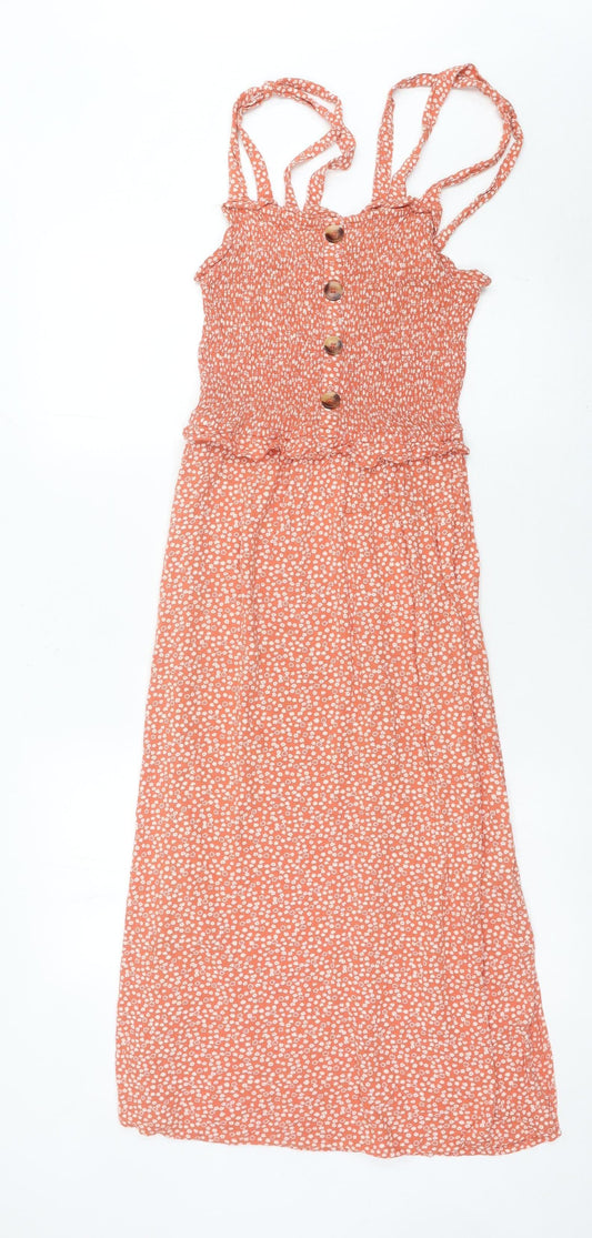 Next Women Orange Floral Midi Sundress Size 8 Strappy Summer