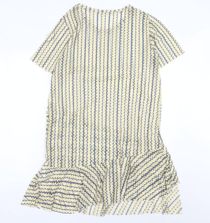 Zara Women Beige Blue Striped Shift Knee Length Dress Size 8