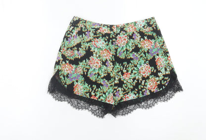 Topshop Women’s Black Floral Lace Trim Hot Pants Shorts Size 8