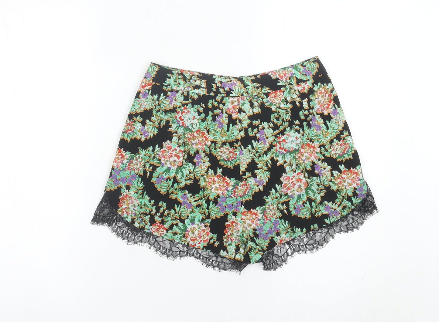 Topshop Women’s Black Floral Lace Trim Hot Pants Shorts Size 8