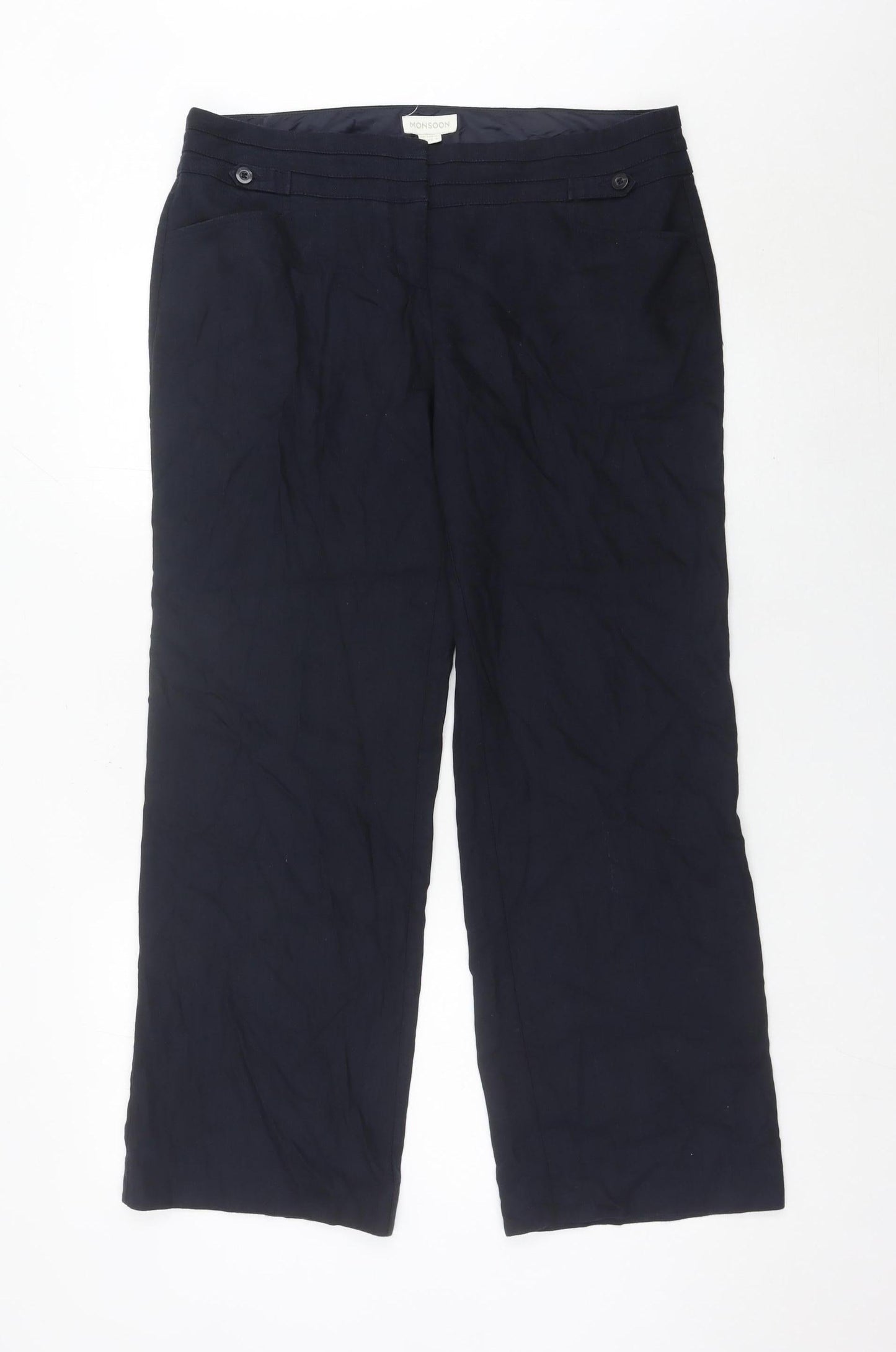 Monsoon Womens Blue Linen Blend Straight Leg Size 14 Trousers