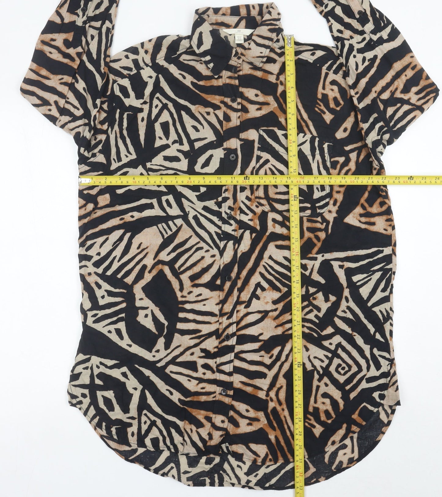 H&M Women’s XS Shirt Dress Black Brown Beige Geometric Linen Blend
