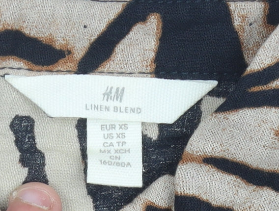H&M Women’s XS Shirt Dress Black Brown Beige Geometric Linen Blend