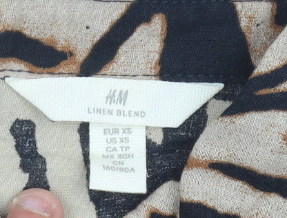H&M Women’s XS Shirt Dress Black Brown Beige Geometric Linen Blend
