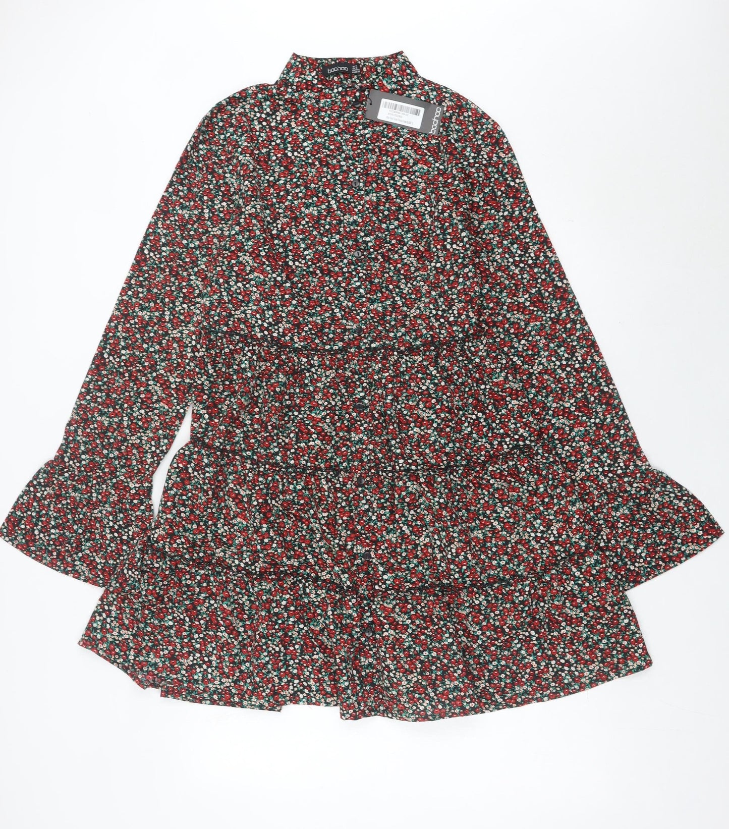 Boohoo Womens Multicoloured Floral A-Line Dress UK 14 Long Sleeve Short