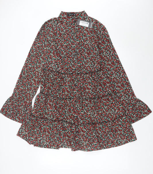 Boohoo Womens Multicoloured Floral A-Line Dress UK 14 Long Sleeve Short