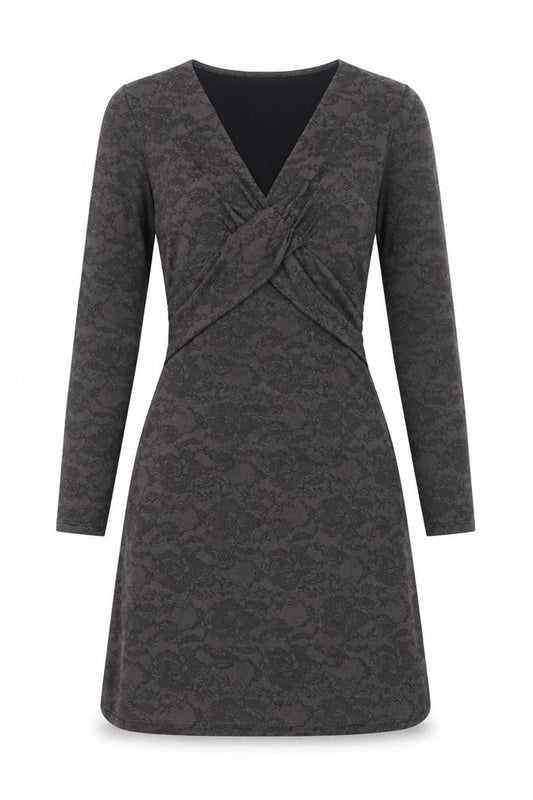 Front view of ESPRIT Women’s Grey XS Wrap Dress Long Sleeve Floral Belted