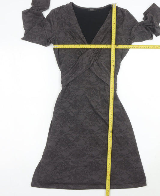 Esprit Women’s Grey XS Wrap Dress Long Sleeve Floral Belted