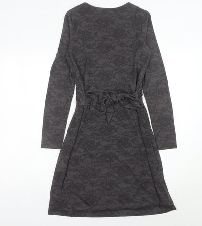 Esprit Women’s Grey XS Wrap Dress Long Sleeve Floral Belted