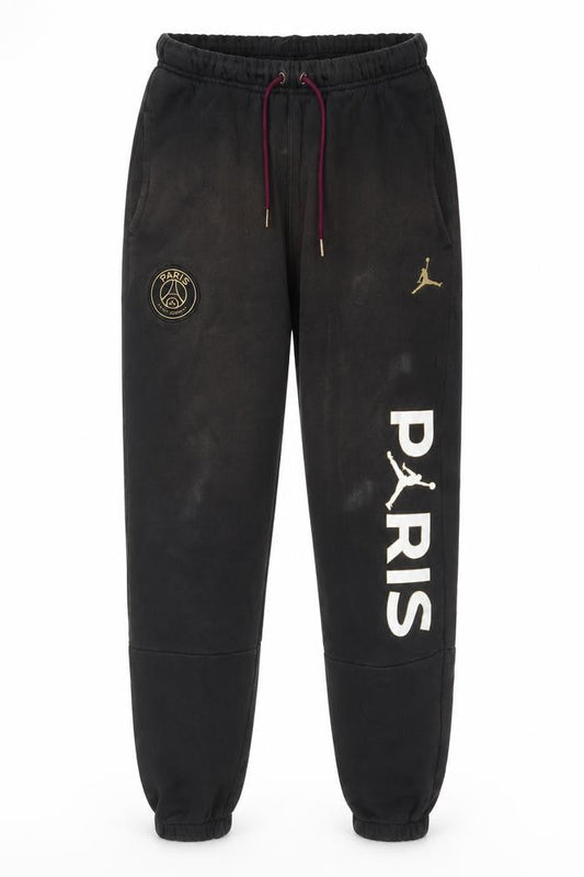 Front view of Jordan Men’s Black Sweatpants, size S, PSG Logo Tapered Fit
