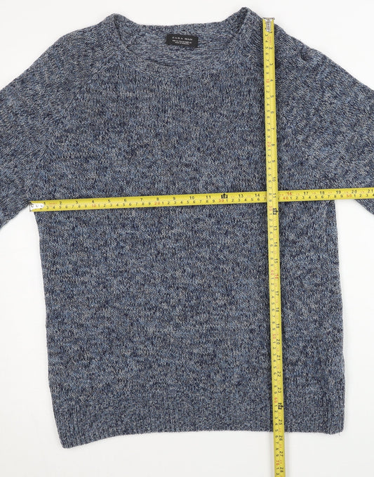 Zara Man Men's Blue M Pullover Jumper Knit Cotton Blend Crew Neck