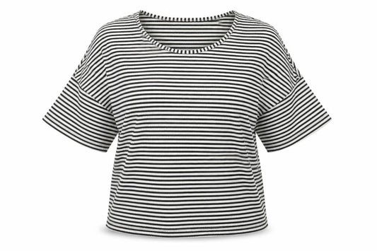 Front view of Cooperative women’s black striped cold shoulder jersey t-shirt, size S