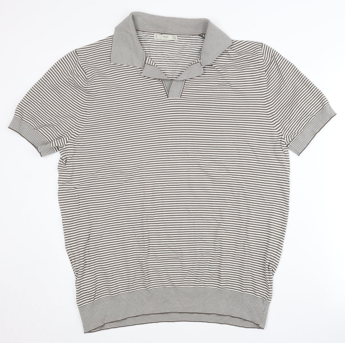 MNG Men Grey Striped 2XL Polo Shirt Cotton Blend Short Sleeve