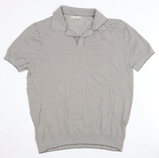 MNG Men Grey Striped 2XL Polo Shirt Cotton Blend Short Sleeve