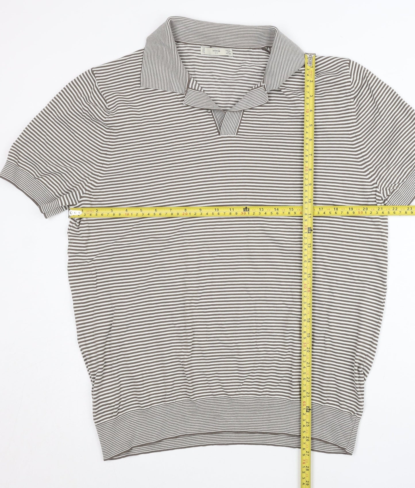 MNG Men Grey Striped 2XL Polo Shirt Cotton Blend Short Sleeve