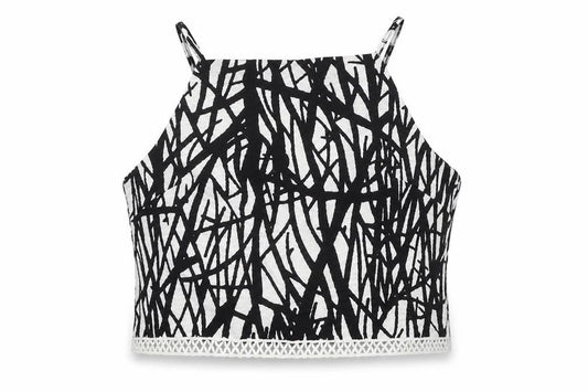 Front view of Missguided Women’s Black White Geometric Zip Crop Tank Top, size UK 10