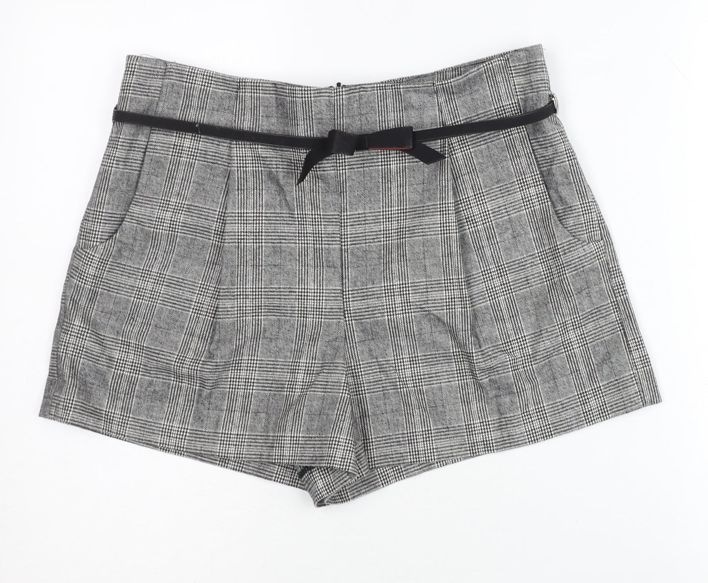 Topshop Women Grey Check Paperbag Shorts Size 12 Belted Pleated
